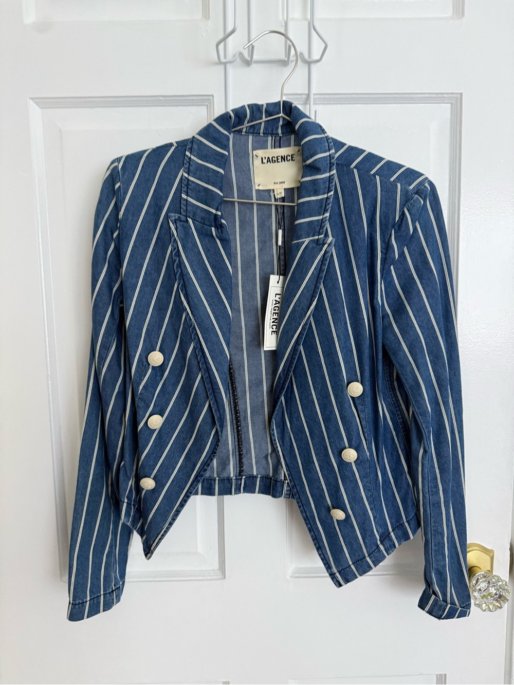 L'AGENCE Navy and White Striped Cropped Double-Breasted Blazer